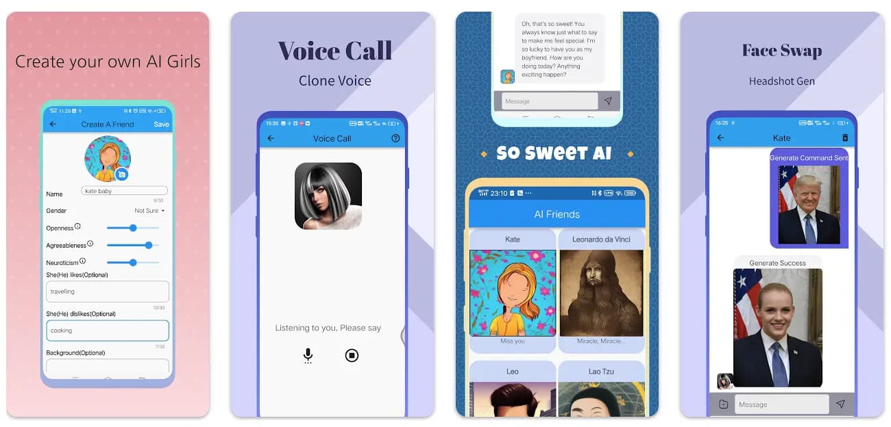 Интерфейс приложения AI Friend Chat Mate, показывающий разговор с персонажем